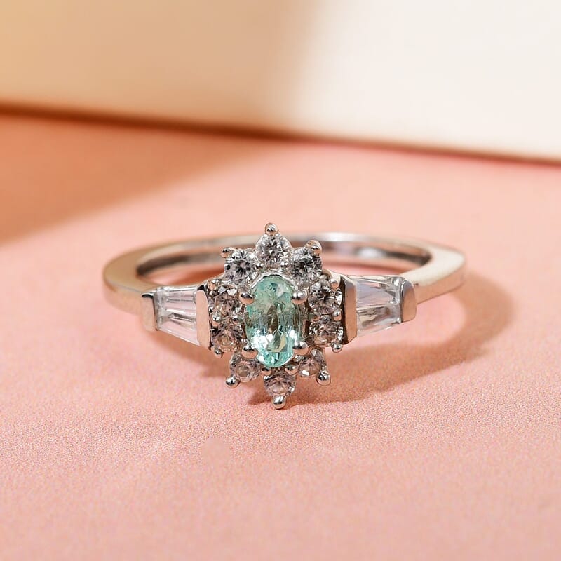 Ethiopian Emerald and White Zircon Floral Ring in Platinum Over Sterling Silver (Size 10.0) 0.75 ctw