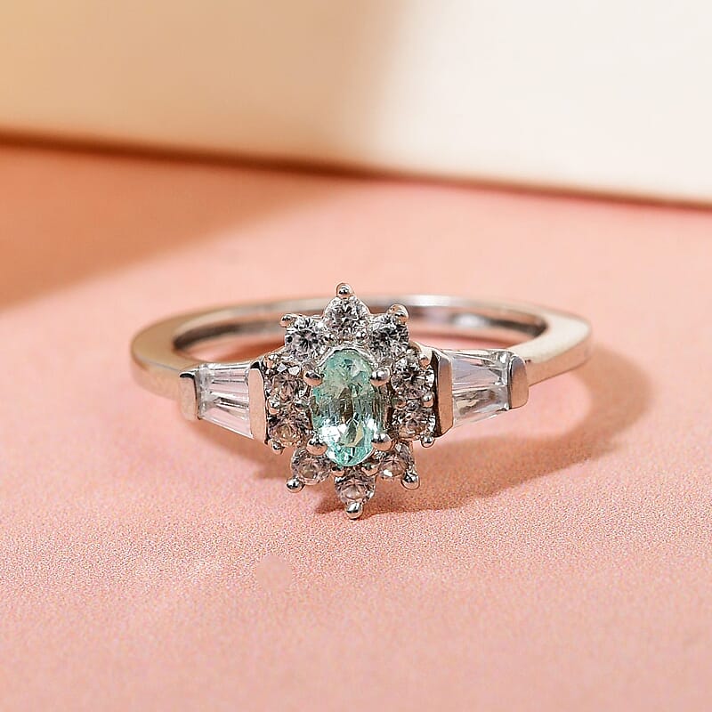 Ethiopian Emerald and White Zircon Floral Ring in Platinum Over Sterling Silver (Size 10.0) 0.75 ctw