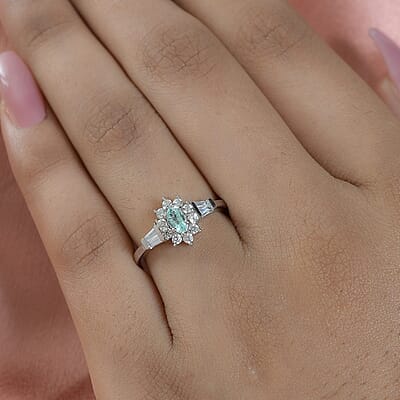 Ethiopian Emerald and White Zircon Floral Ring in Platinum Over Sterling Silver (Size 10.0) 0.75 ctw