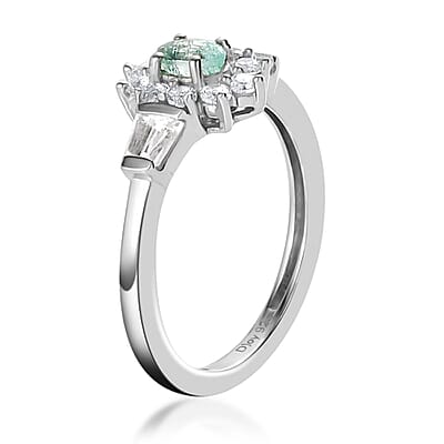Ethiopian Emerald and White Zircon Floral Ring in Platinum Over Sterling Silver (Size 10.0) 0.75 ctw