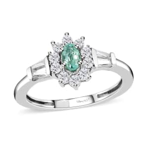 Ethiopian Emerald and White Zircon Floral Ring in Platinum Over Sterling Silver (Size 7.0) 0.75 ctw