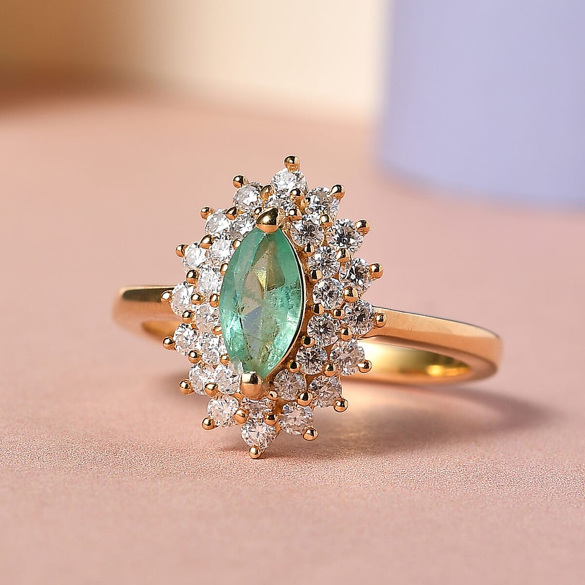 Ethiopian Emerald and Moissanite VS-EF Double Halo Ring in Vermeil Yellow Gold Over Sterling Silver 1.00 ctw image number 1