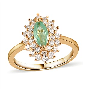 Ethiopian Emerald and Moissanite Double Halo Ring in Vermeil Yellow Gold Over Sterling Silver (Size 6.0) 1.00 ctw