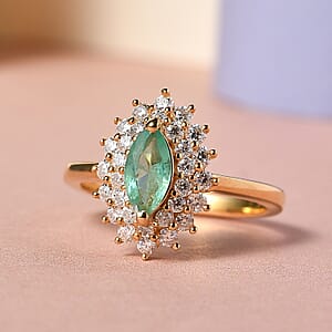 Ethiopian Emerald and Moissanite Double Halo Ring in Vermeil Yellow Gold Over Sterling Silver (Size 6.0) 1.00 ctw
