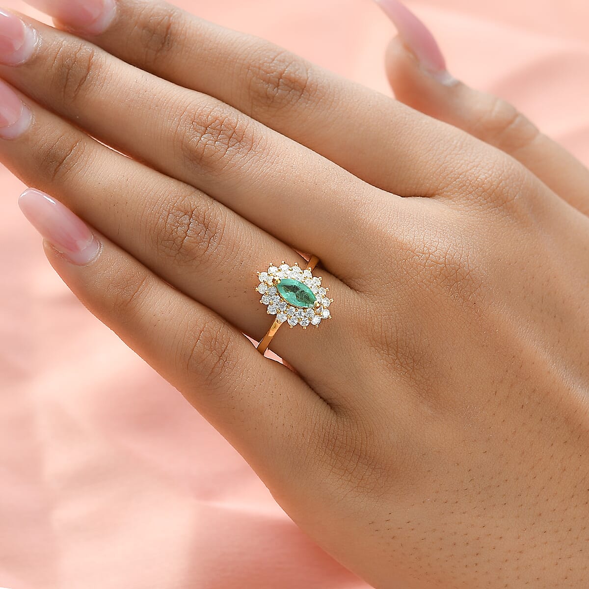 Ethiopian Emerald and Moissanite Double Halo Ring in Vermeil Yellow Gold Over Sterling Silver (Size 6.0) 1.00 ctw image number 2