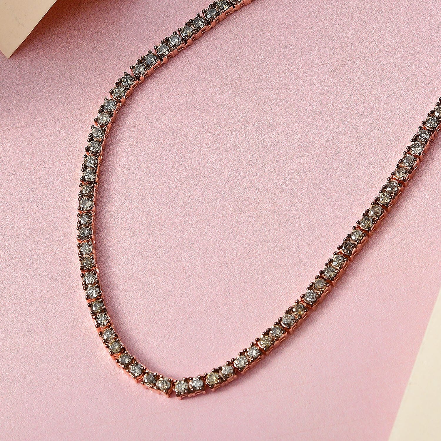 Natural Champagne Diamond Tennis Necklace 20 Inches in Vermeil Rose Gold Over Sterling Silver 4.85 ctw