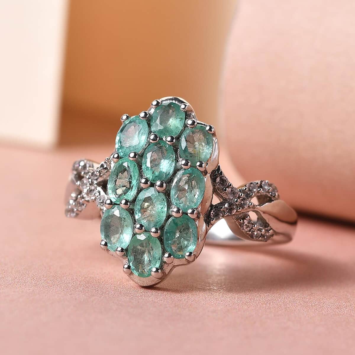 Ethiopian Emerald and Natural White Zircon Ring in Platinum Over Sterling Silver (Size 10.0) 1.80 ctw image number 1