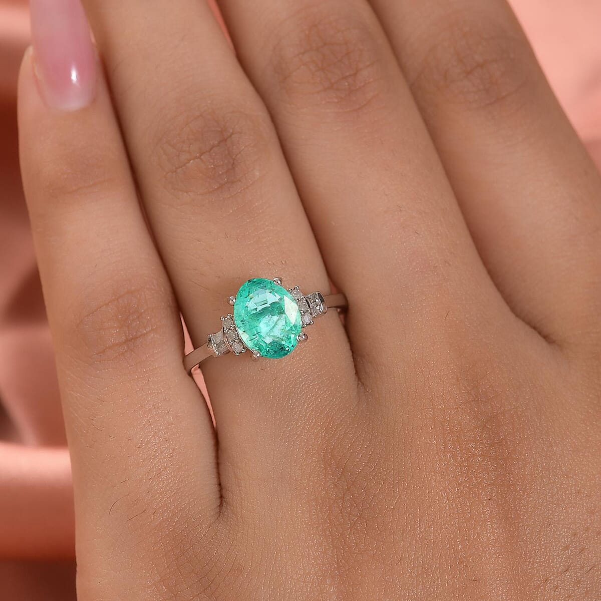 Ethiopian Emerald and Diamond Ring in Platinum Over Sterling Silver (Size 10.0) 1.70 ctw image number 2