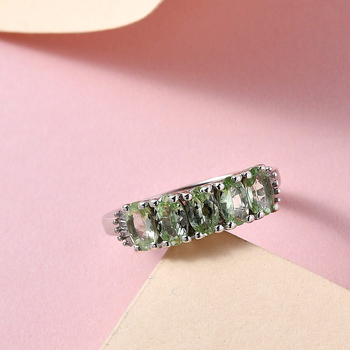 Premium Natural Tsavorite Garnet and Diamond Accent 5 Stone Ring in Platinum Over Sterling Silver (Size 5.0) 1.40 ctw image number 1