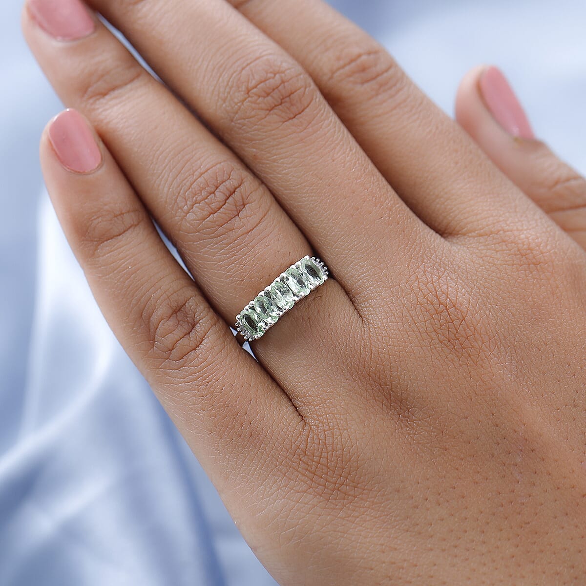 Premium Natural Tsavorite Garnet and Diamond Accent 5 Stone Ring in Platinum Over Sterling Silver (Size 5.0) 1.40 ctw image number 2