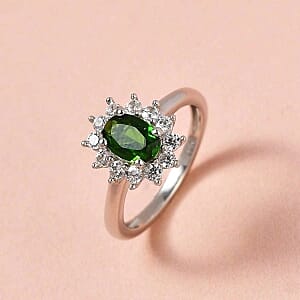 Chrome Diopside and White Zircon 1.39 ctw Ring in Platinum Over Sterling Silver (Size 5.5)