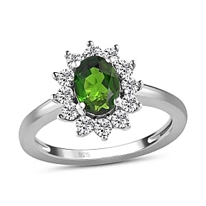 Chrome Diopside and White Zircon 1.39 ctw Ring in Platinum Over Sterling Silver (Size 5.5)
