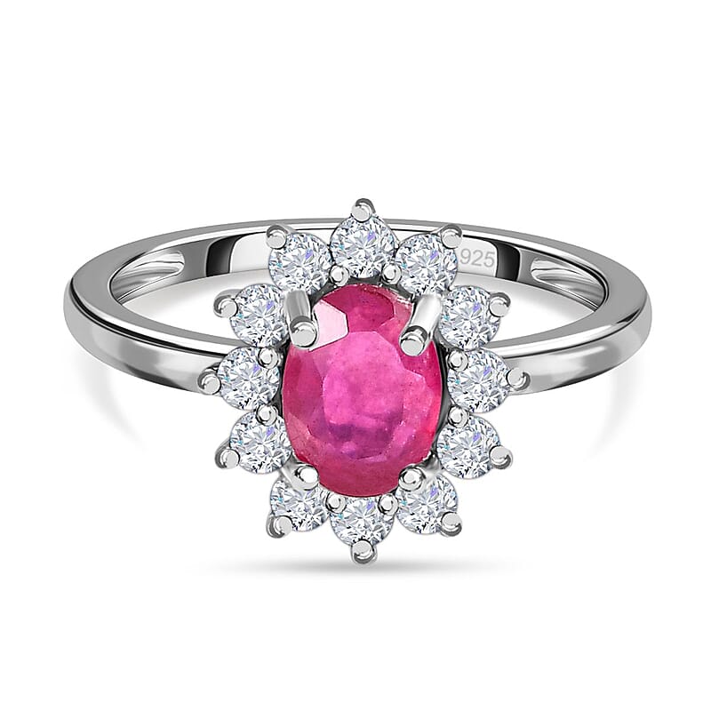 African Ruby (FF) and White Zircon 1.50 ctw Ring in Platinum Over Sterling Silver (Size 11.5)