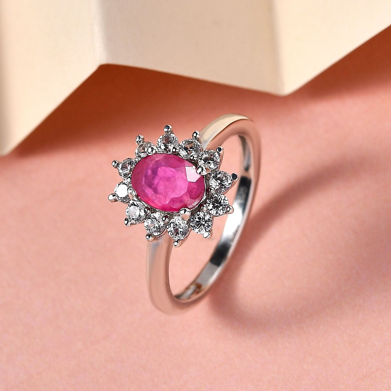 African Ruby (FF) and White Zircon 1.50 ctw Ring in Platinum Over Sterling Silver (Size 11.5)