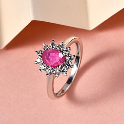 African Ruby (FF) and White Zircon 1.50 ctw Ring in Platinum Over Sterling Silver (Size 11.5)