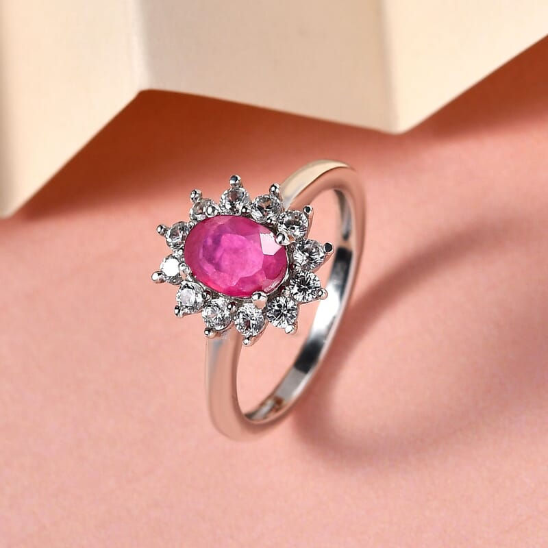 African Ruby (FF) and White Zircon 1.50 ctw Ring in Platinum Over Sterling Silver (Size 11.5)