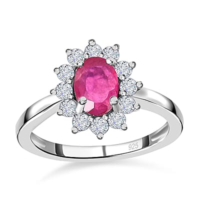 African Ruby (FF) and White Zircon 1.50 ctw Ring in Platinum Over Sterling Silver (Size 11.5)