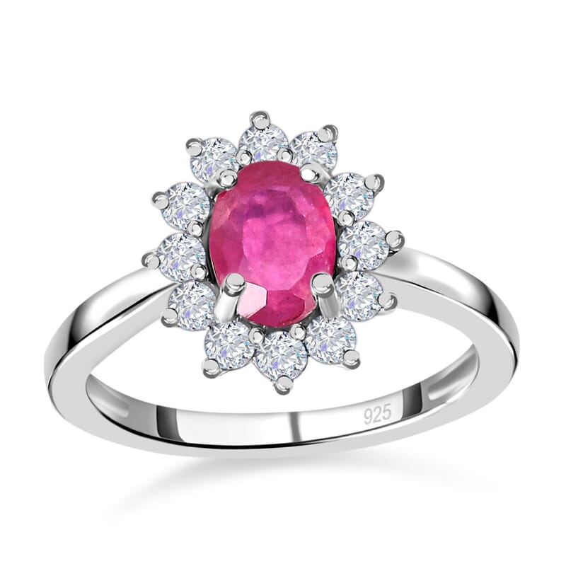 African Ruby (FF) and White Zircon 1.50 ctw Ring in Platinum Over Sterling Silver (Size 11.5)