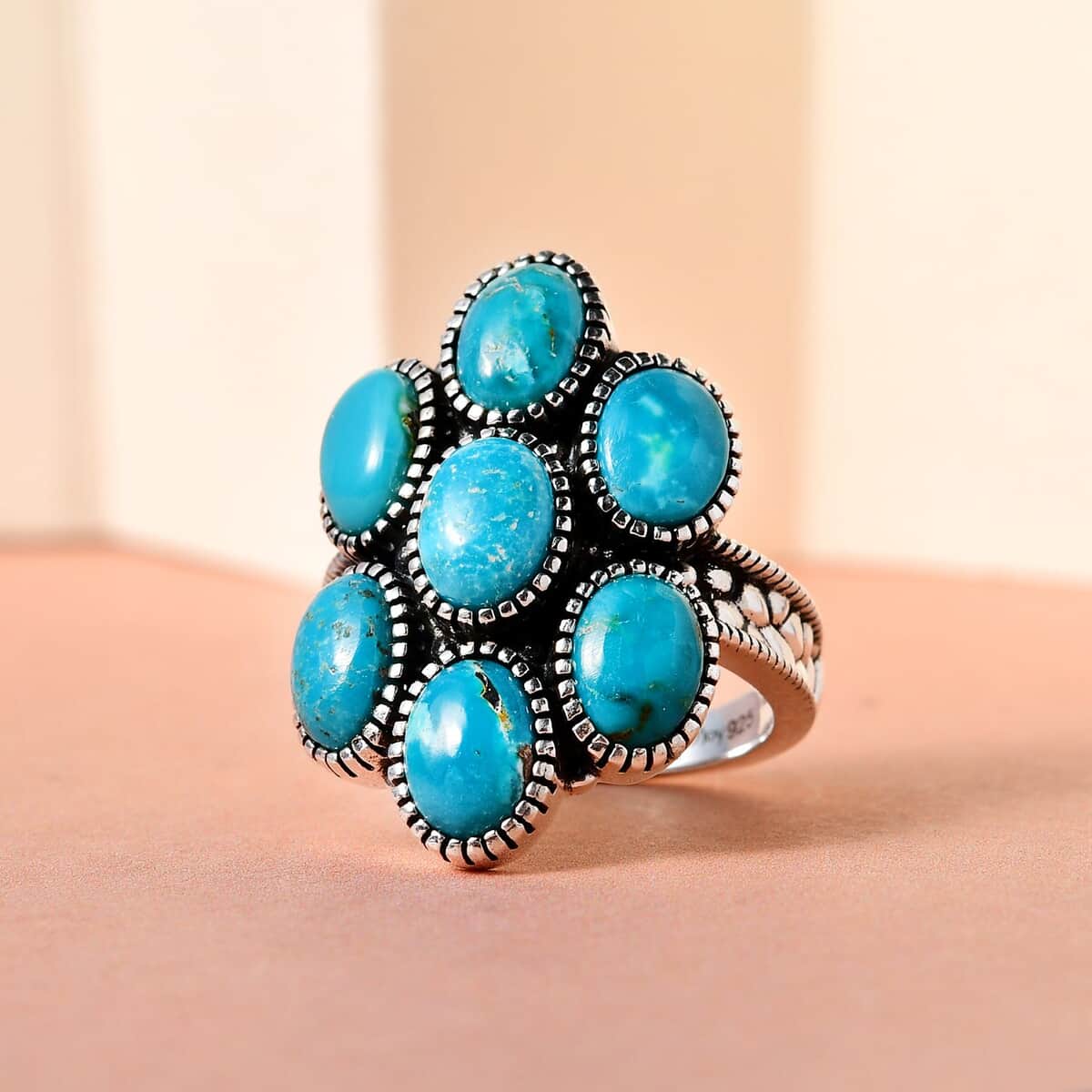 Artisan Crafted Sierra Nevada Turquoise Floral Ring in Sterling Silver 5.65 ctw image number 1