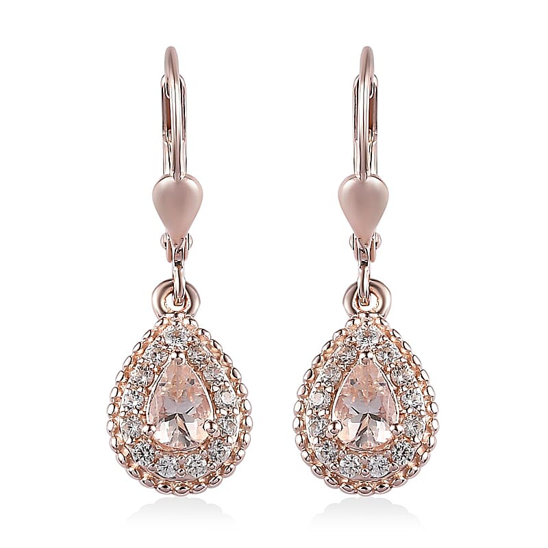 Marropino Morganite and Natural White Zircon Lever Back Earrings in Vermeil Rose Gold Over Sterling Silver 1.35 ctw