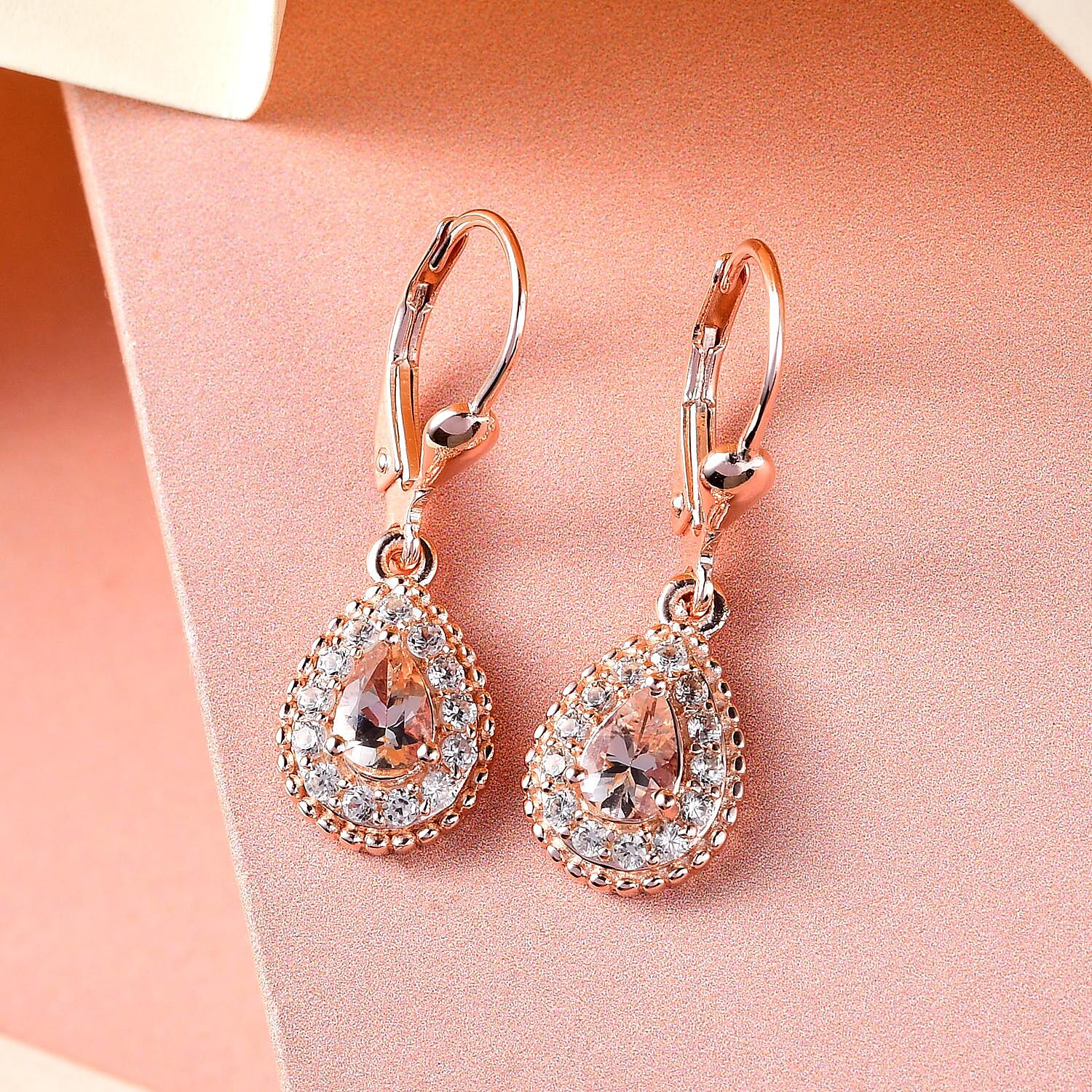 Marropino Morganite and Natural White Zircon Lever Back Earrings in Vermeil Rose Gold Over Sterling Silver 1.35 ctw