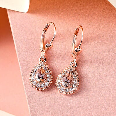 Marropino Morganite and Natural White Zircon Lever Back Earrings in Vermeil Rose Gold Over Sterling Silver 1.35 ctw