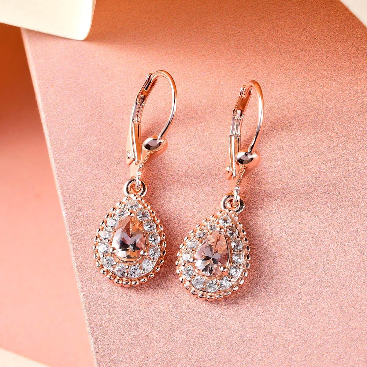 Marropino Morganite and Natural White Zircon Lever Back Earrings in Vermeil Rose Gold Over Sterling Silver 1.35 ctw image number 1