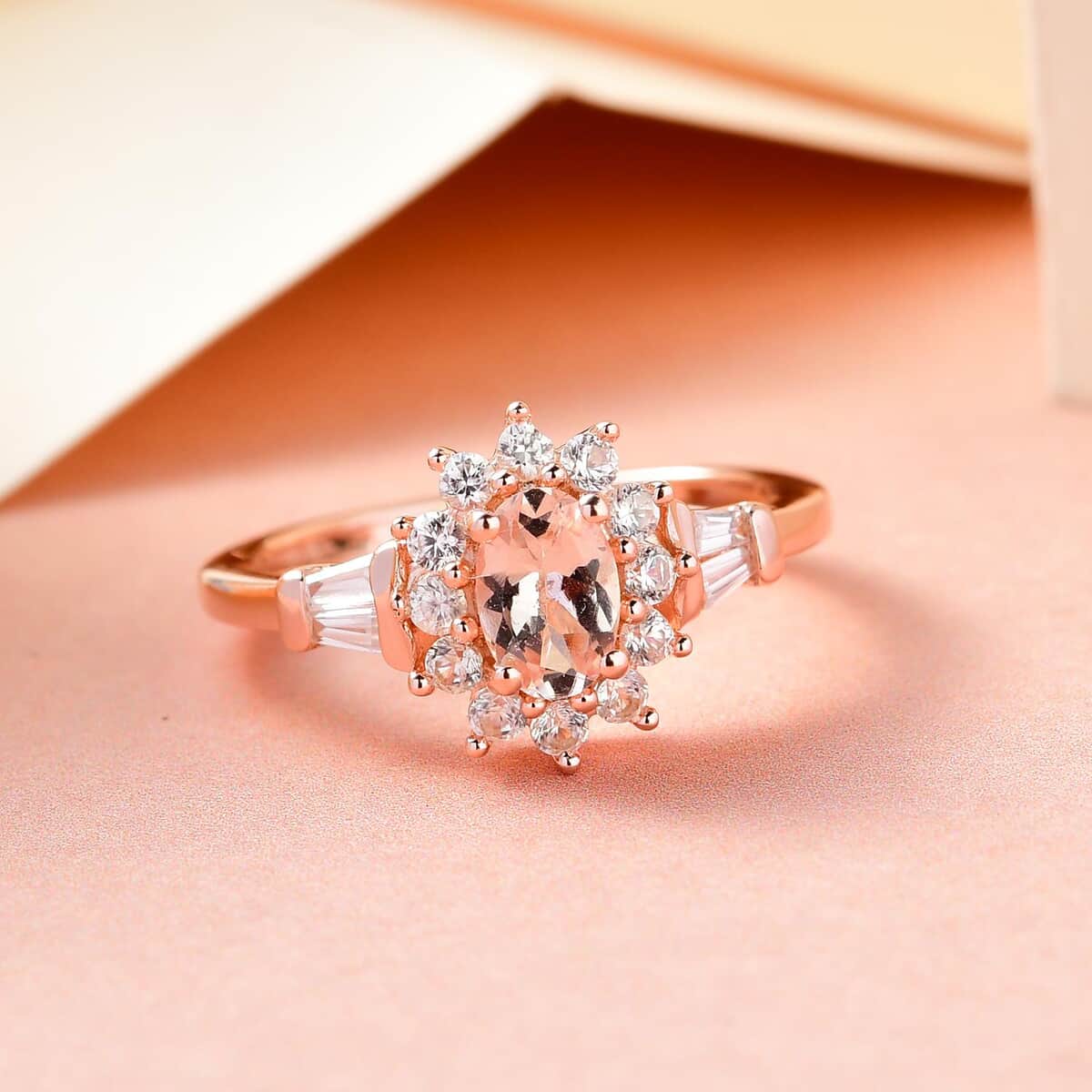 Marropino Morganite and Natural White Zircon Sunburst Ring in Vermeil Rose Gold Over Sterling Silver (Size 10.0) 1.00 ctw image number 1