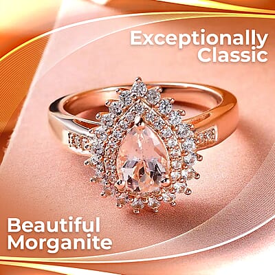 Premium Marropino Morganite Ring , Dual Halo Ring , White Zircon Ring , Morganite Halo Ring , Rose Gold Vermeil Sterling Silver Ring
