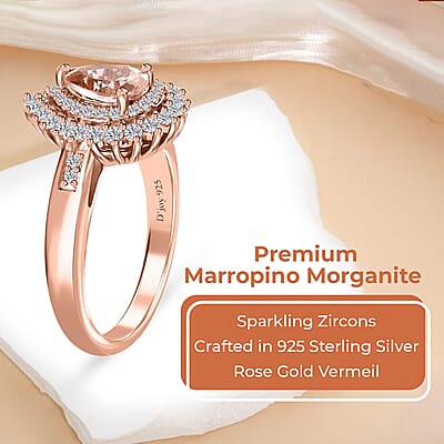 Premium Marropino Morganite Ring , Dual Halo Ring , White Zircon Ring , Morganite Halo Ring , Rose Gold Vermeil Sterling Silver Ring