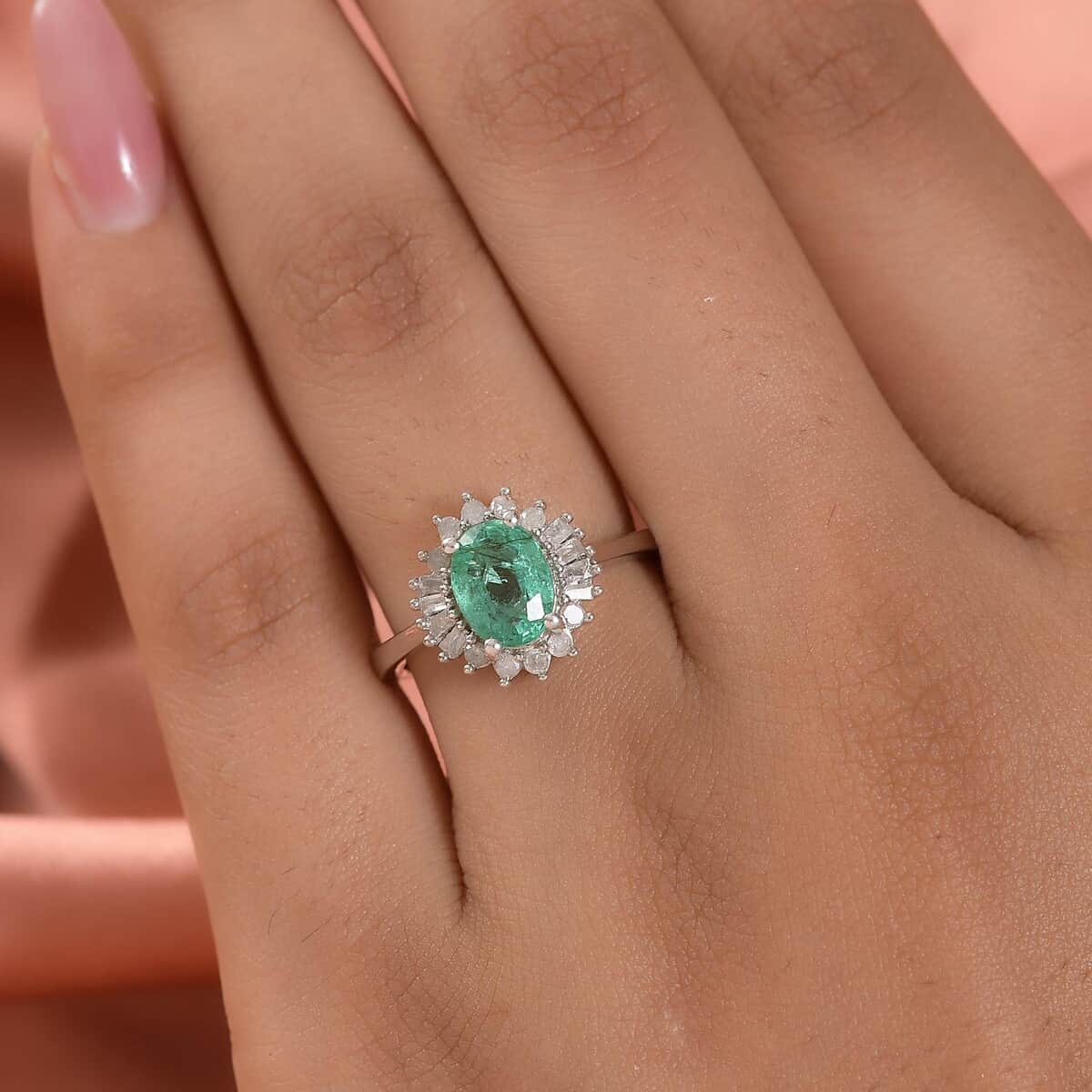 Ethiopian Emerald, Diamond (0.25 cts) Halo Ring in Platinum Over Sterling Silver (Size 6.0) 1.35 ctw image number 2