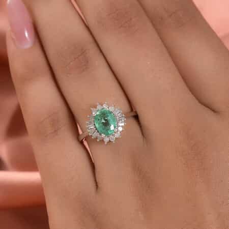 Ethiopian Emerald and Diamond Halo Ring in Platinum Over Sterling Silver (Size 10.0) 1.35 ctw image number 2
