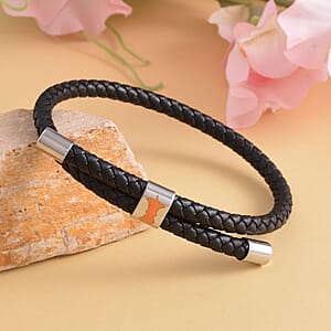 No Kid Hungry Enameled Logo Adjustable Bracelet in Genuine Leather and Stainless Steel , Tarnish-Free, Waterproof, Sweat Proof Jewelry