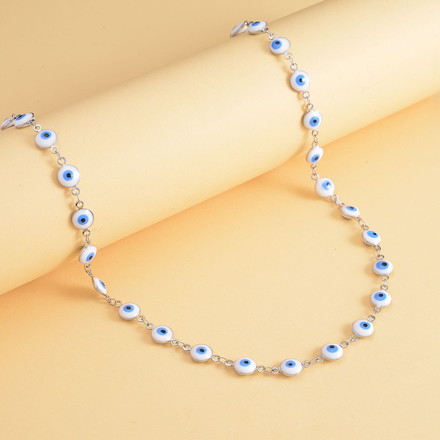 White Enameled Evil Eye Necklace (20-22 Inches) in Stainless Steel , Tarnish-Free, Waterproof, Sweat Proof Jewelry