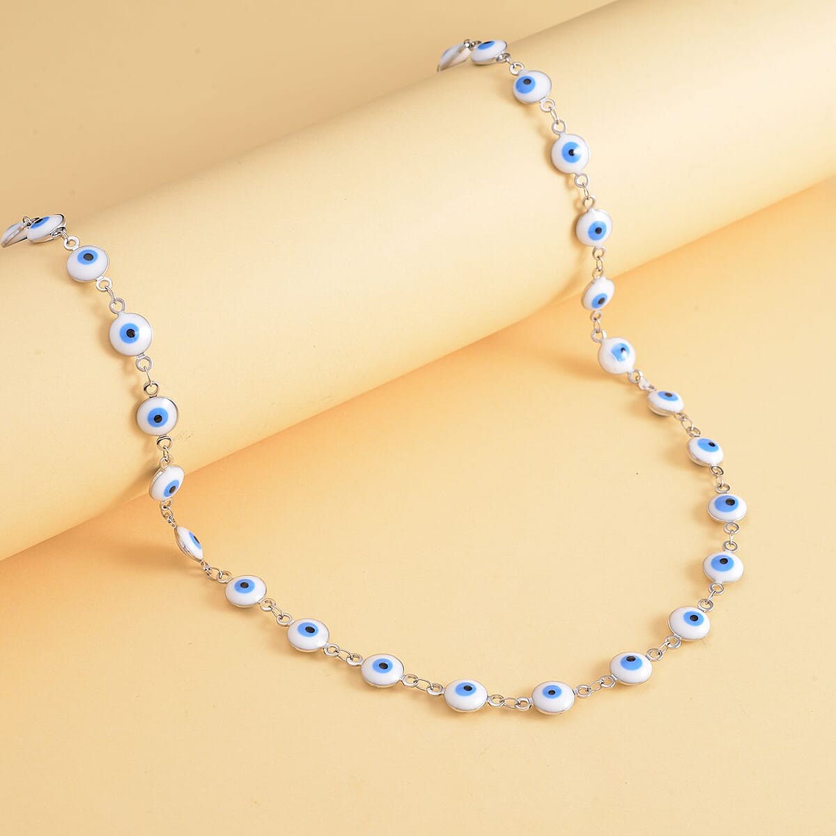 White Enameled Evil Eye Necklace 20-22 Inches in Stainless Steel image number 1