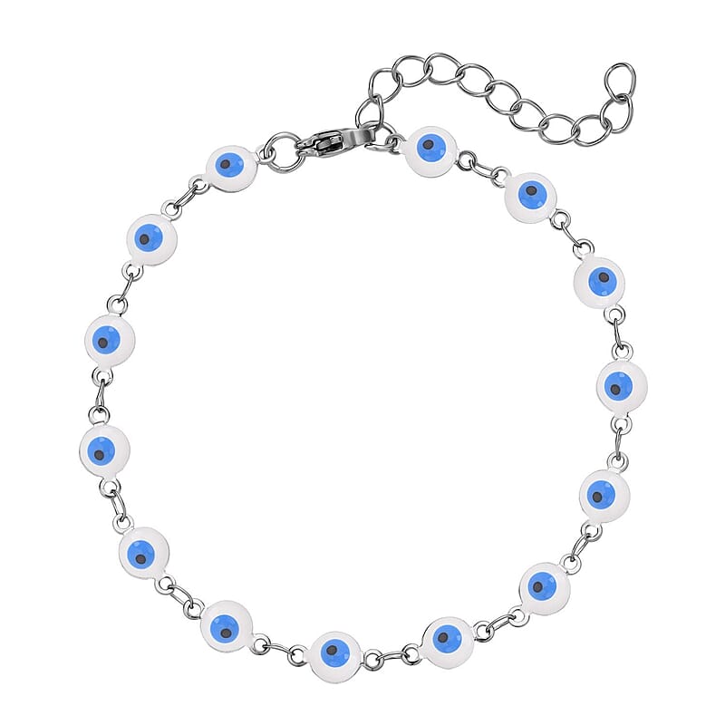 White Enameled Evil Eye Bracelet (7.5-9Inches) in Stainless Steel
