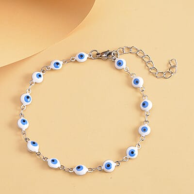White Enameled Evil Eye Bracelet (7.5-9Inches) in Stainless Steel