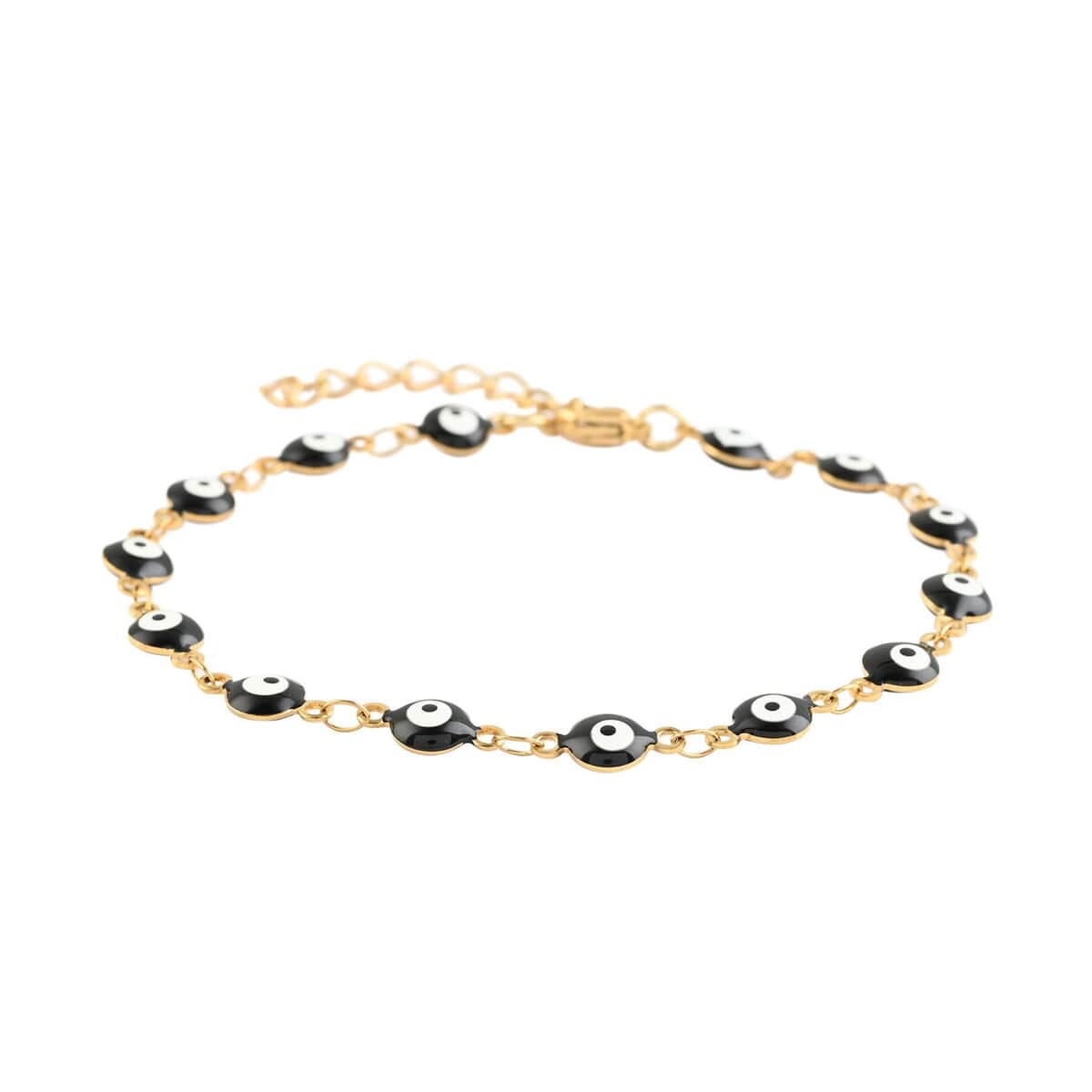 Black Enameled Evil Eye Bracelet (7.5-9Inches) in ION Plated YG Stainless Steel image number 0