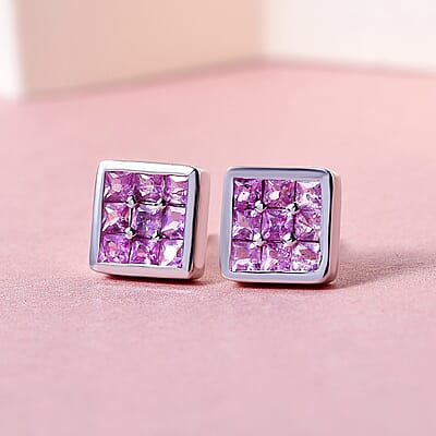 Madagascar Pink Sapphire Stud Earrings in Platinum Plated Sterling Silver,Stud Earrings For Women, Anniversary Gifts For Women 1.00 ctw
