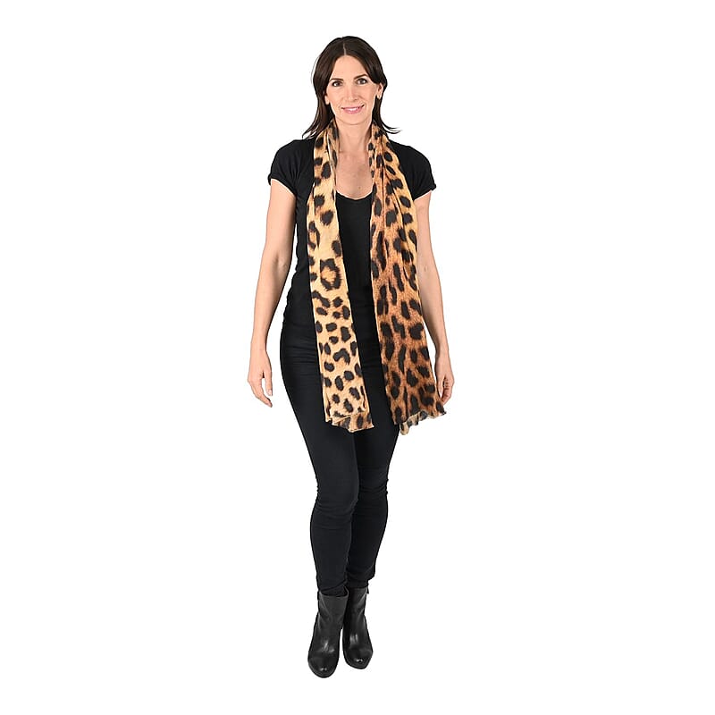Tamsy Brown Leopard Printed Cashmere Wool Scarf