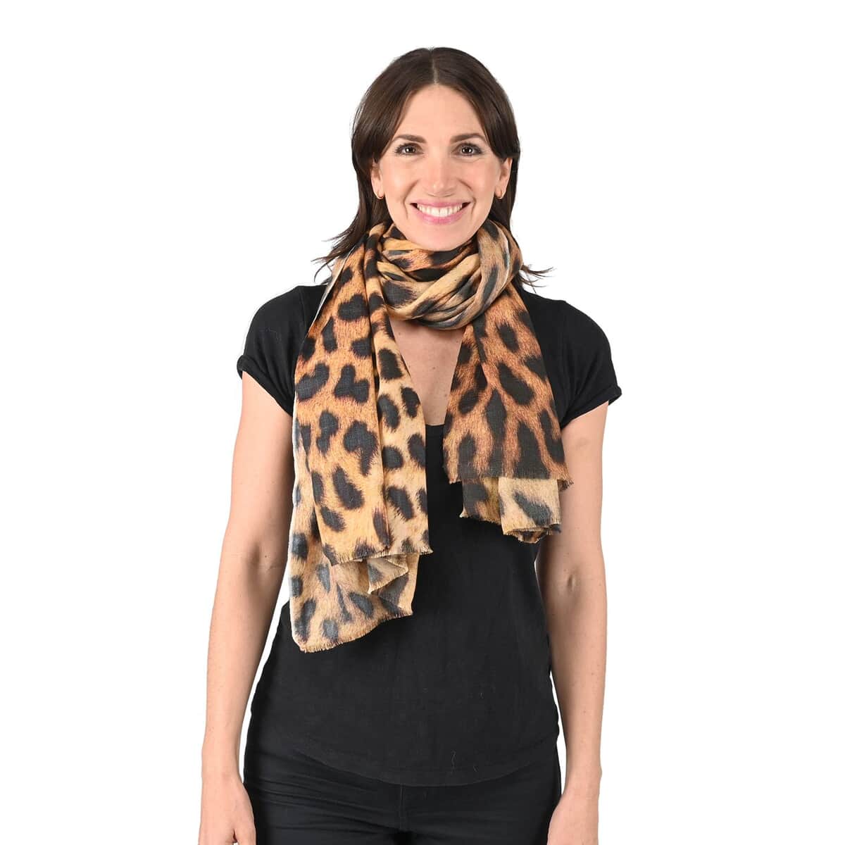 TAMSY Brown Leopard Printed Cashmere Wool Scarf (28"x78") image number 1