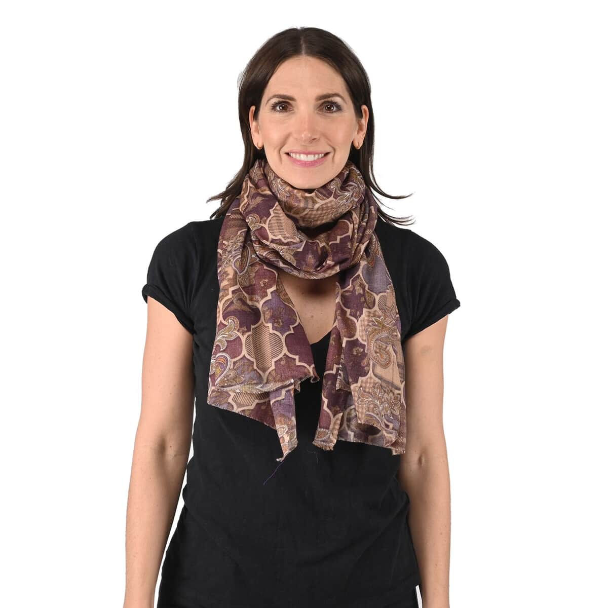 Tamsy Beige Printed Cashmere Wool Scarf image number 1