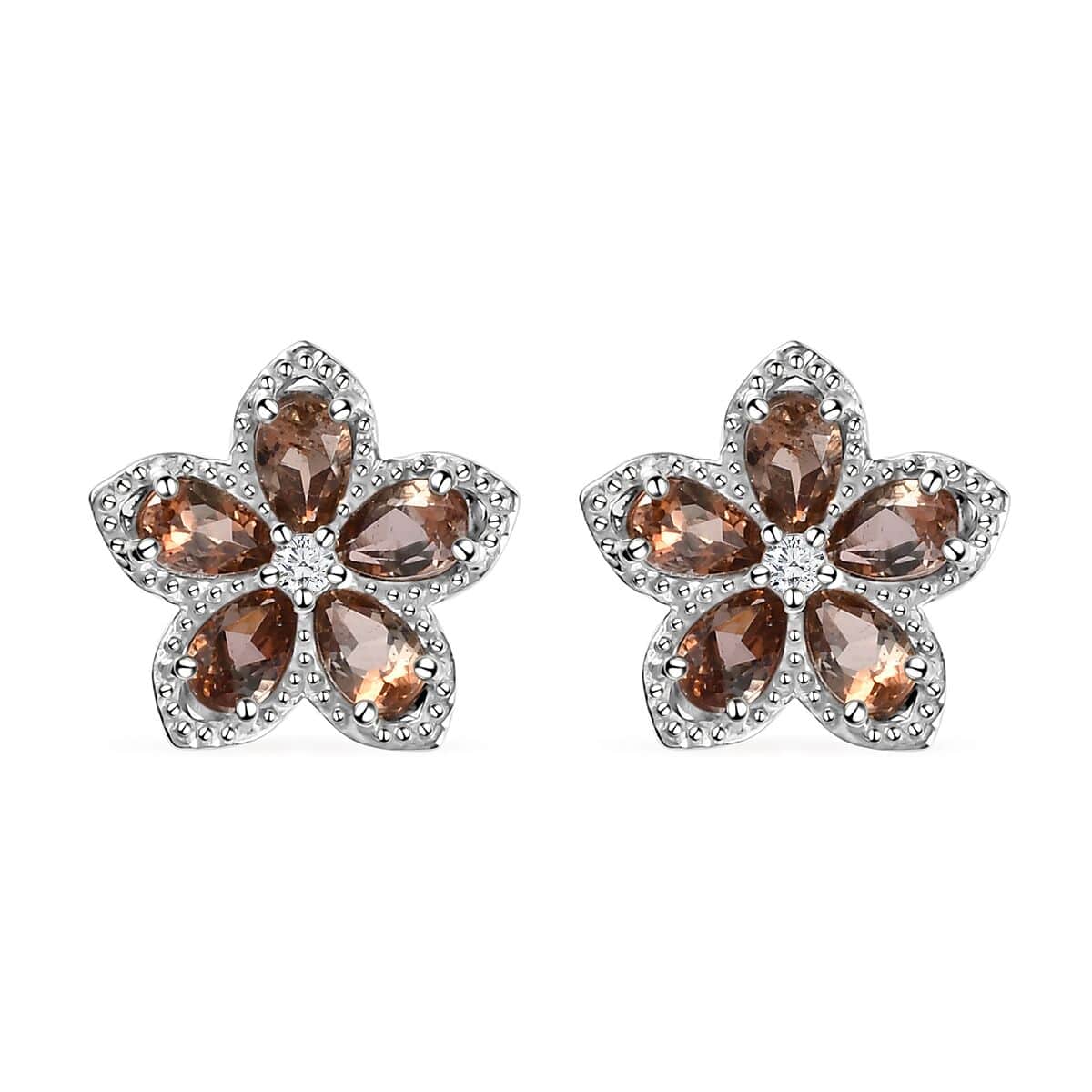 Jenipapo Andalusite and Natural White Zircon Floral Stud Earrings in Platinum Over Sterling Silver 2.50 ctw image number 0