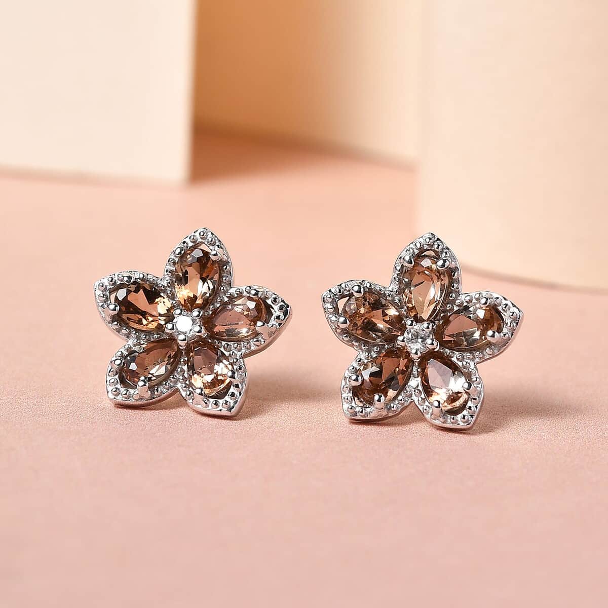 Jenipapo Andalusite and Natural White Zircon Floral Stud Earrings in Platinum Over Sterling Silver 2.50 ctw image number 1