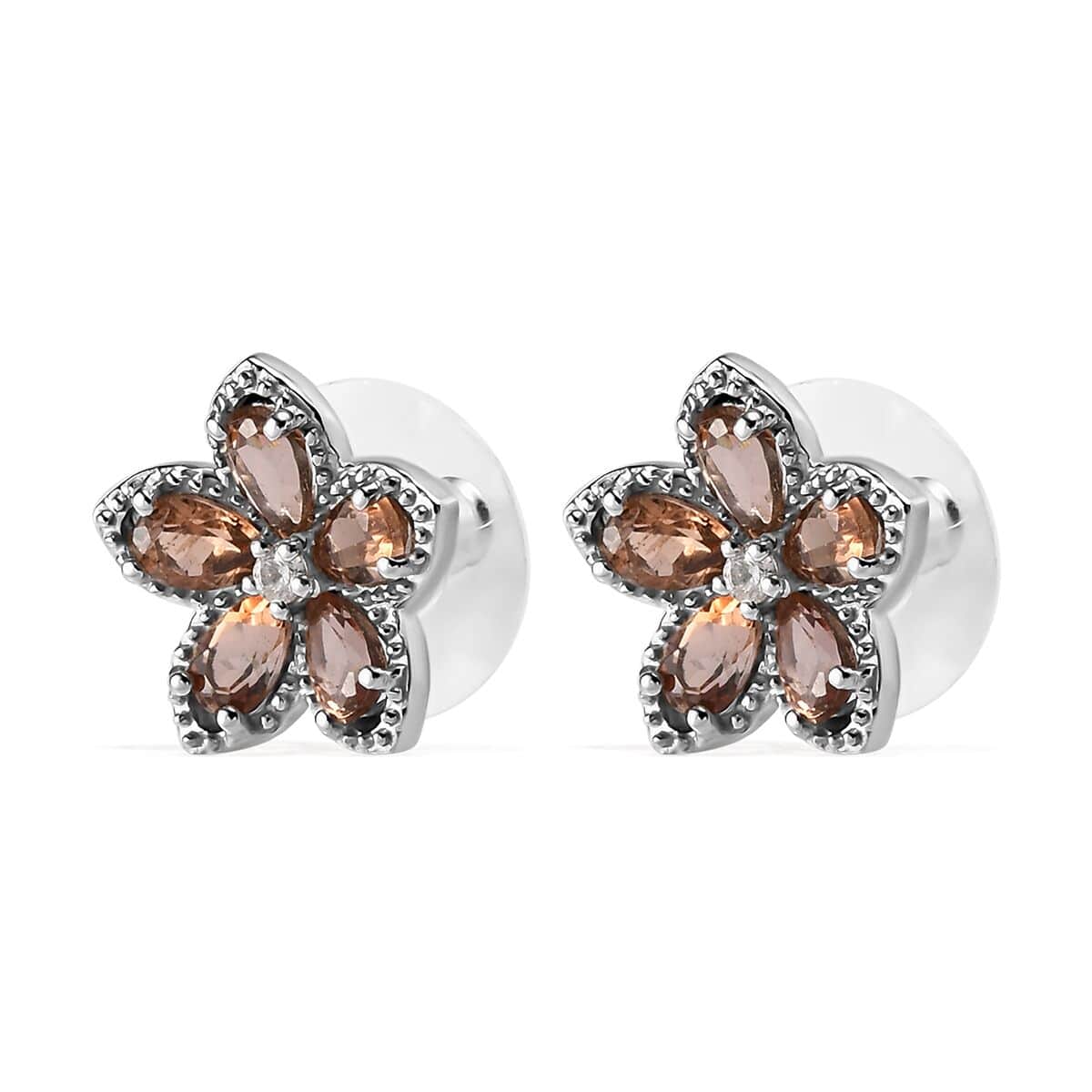 Jenipapo Andalusite and Natural White Zircon Floral Stud Earrings in Platinum Over Sterling Silver 2.50 ctw image number 3
