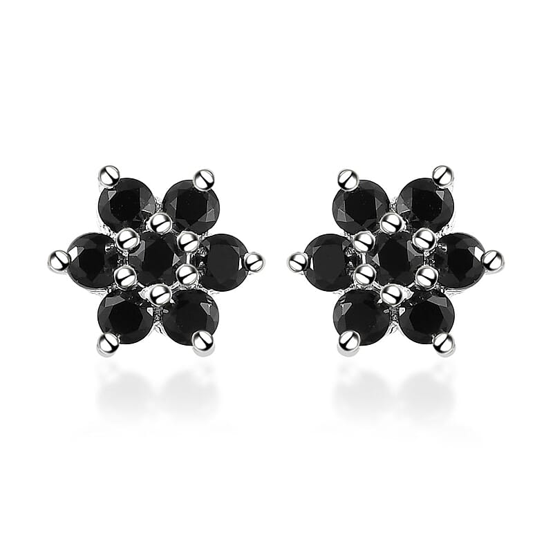 Thai Black Spinel Floral Stud Earrings in Sterling Silver 1.00 ctw
