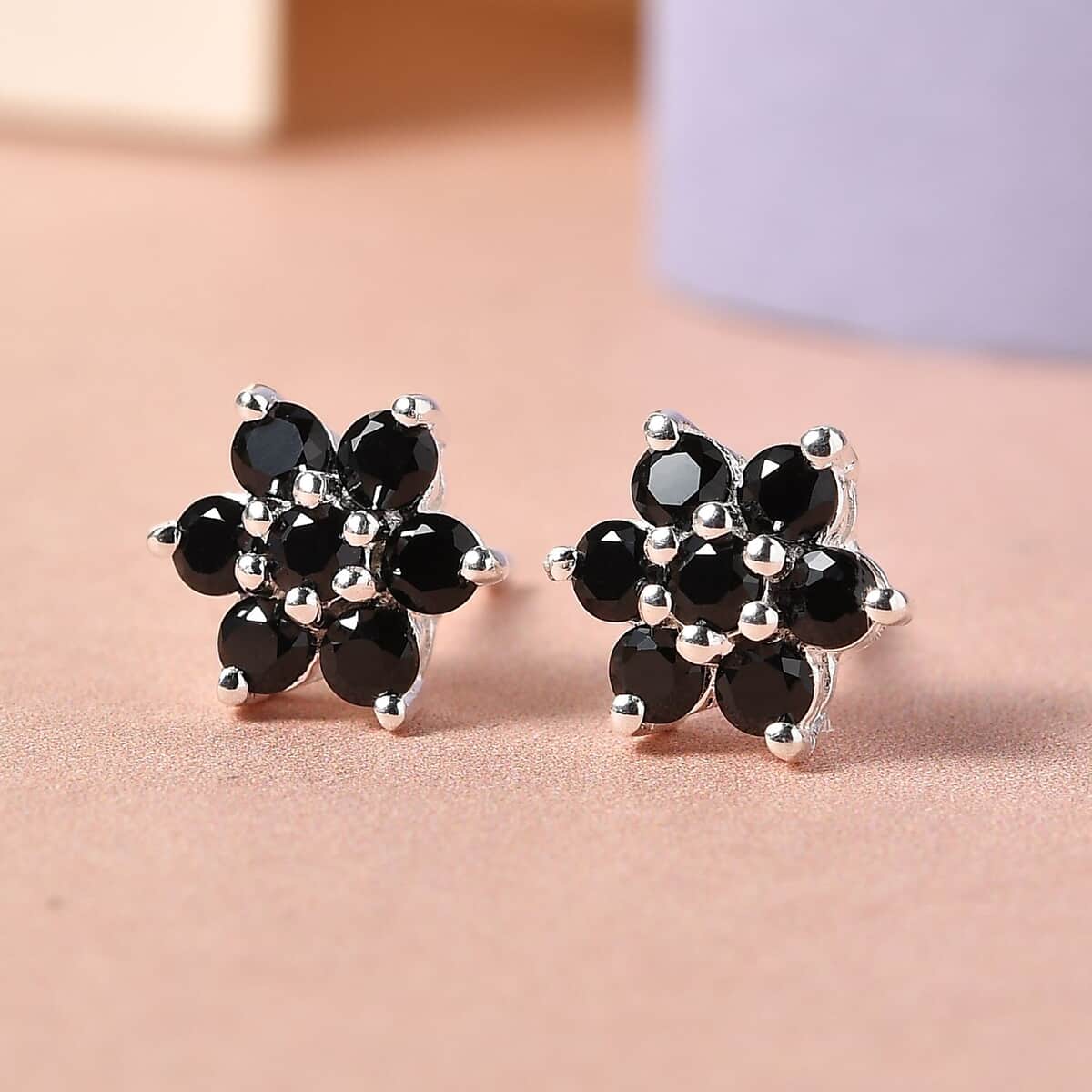 Natural Thai Black Spinel Floral Stud Earrings in Sterling Silver 1.00 ctw image number 1