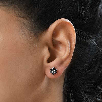 Thai Black Spinel Floral Stud Earrings in Sterling Silver 1.00 ctw