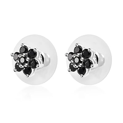 Thai Black Spinel Floral Stud Earrings in Sterling Silver 1.00 ctw
