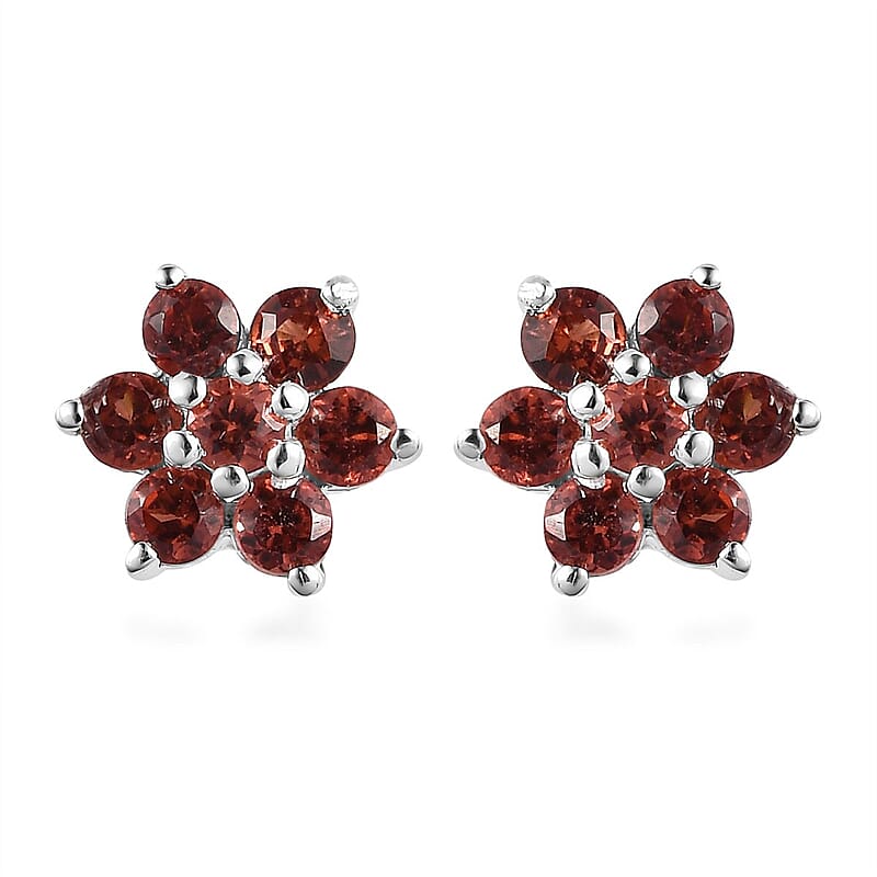 Mozambique Garnet Floral Stud Earrings in Sterling Silver 0.85 ctw